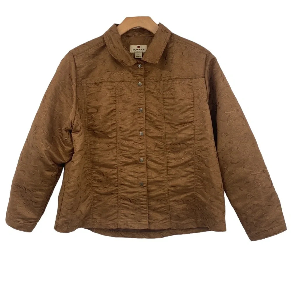 Woolrich Shacket Fawn Jacket Womens Size XL Brown Embroidered Lightweight Collar